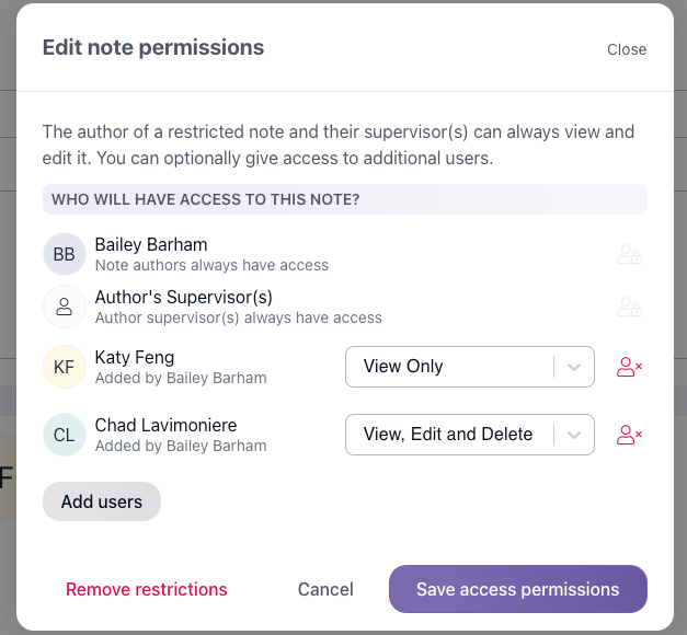 Note permissions inside of Casebook's platform for human services organizations